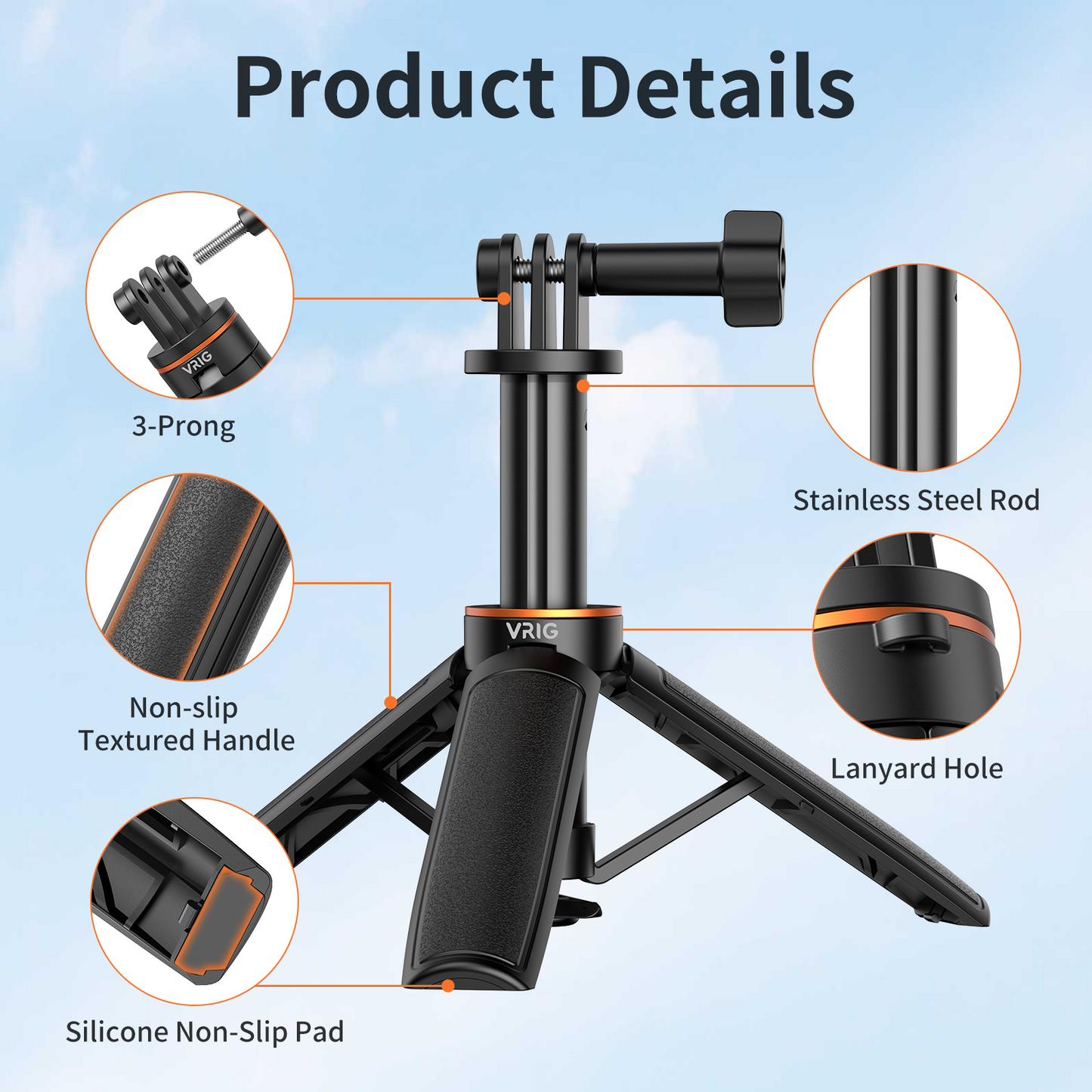 VRIG TP-35 Auto Pop Open Extendable Mini Camera Tripod,Portable Small Handle Grip Desktop Webcam Selfie Stick Tripod for DJI Osmo Action 6/5Pro/4/3,GoPro Hero 13 12 11 10 Max,Mission 1 PRO