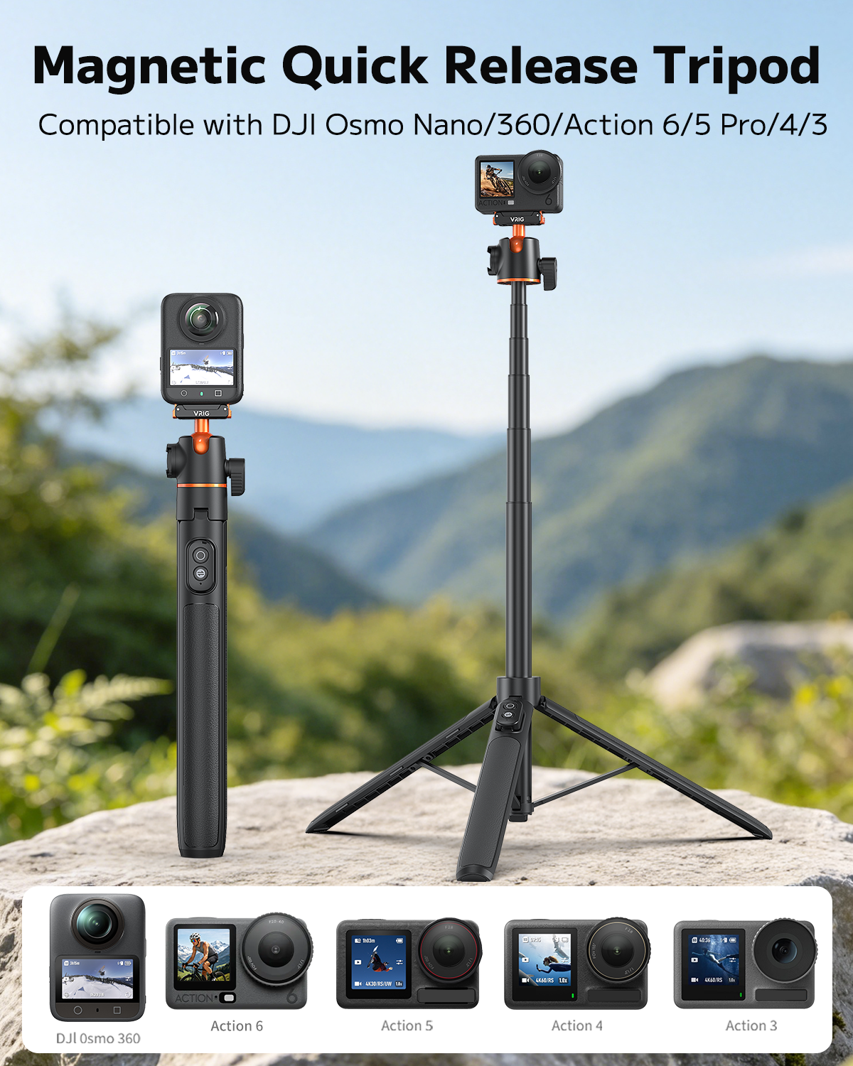 VRIG AC-72 55" Selfie Stick Tripod for DJI Osmo Action 6/5/4,Osmo 360 with Remote
