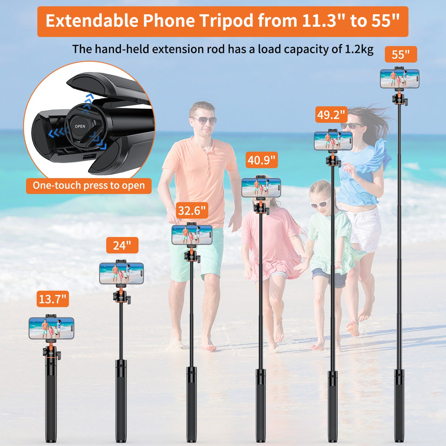 VRIG TP-16  55" Selfie Stick Tripod with Hidden Phone Holder