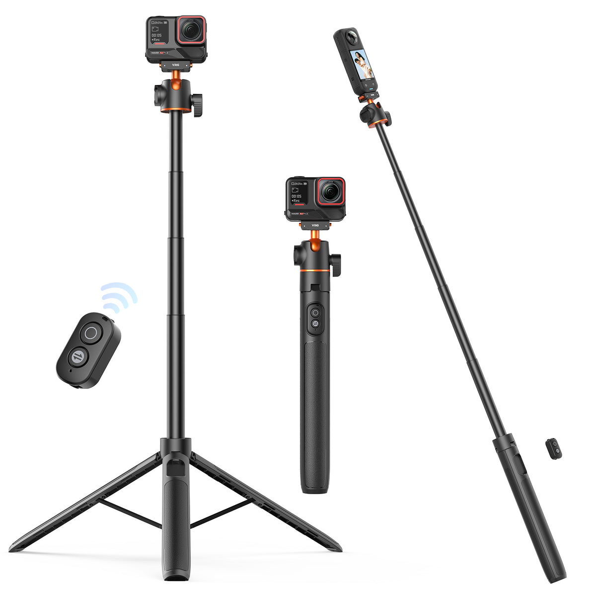 VRIG AC-104S 55" Magnetic Selfie Stick Tripod for Insta360 X5 ACE Pro 2 with Remote Controller,Extension Rod Quick Release Table Desk Portable Handle Grip Stand with Cold Shoe for Insta360 X5/X4 Air/ACE PRO