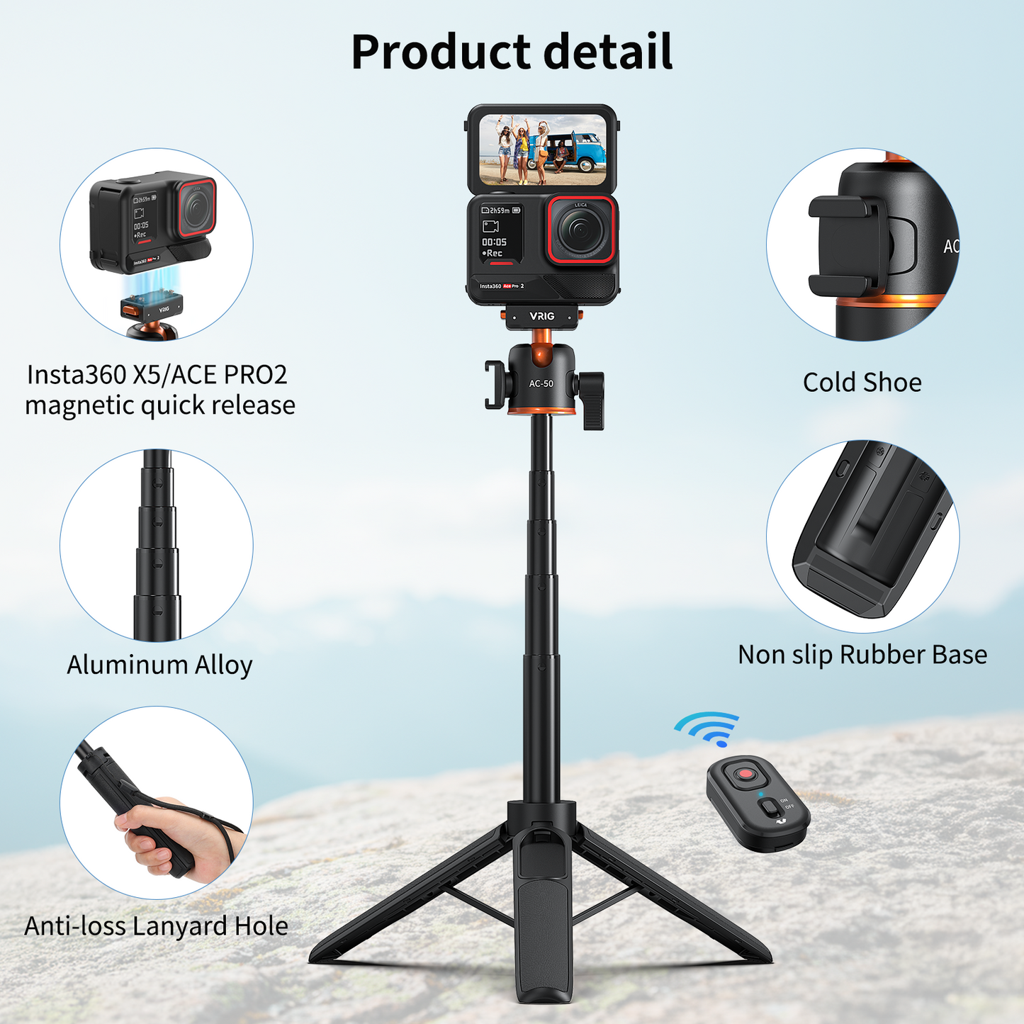 VRIG AC-50 Selfie Stick Tripod for Insta 360 Ace Pro/Ace Pro 2/X5 with Magnetic Quick Release Adapter