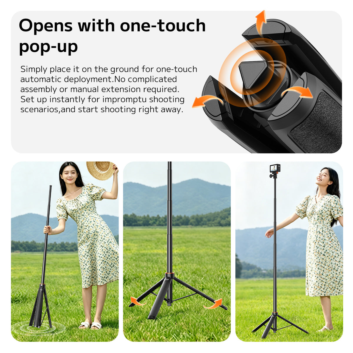 VRIG TP-21S 63inch Invisible Selfie Stick Tripod, Auto Pop Open Tripod, Compatible with Insta360 X6/X5/X4, DJI Osmo Action 6/5 Pro/4/3,GoPro Hero 13 Mission 1 Pro, Stable Throwpod for Travel Vlogging