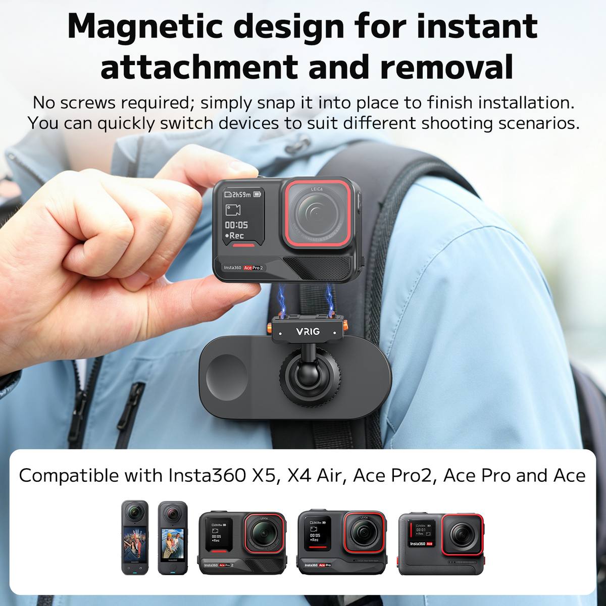 VRIG  AC-98 Magnetic Backpack Clip Mount for Insta360 X5 / X4 / Ace Pro 2,