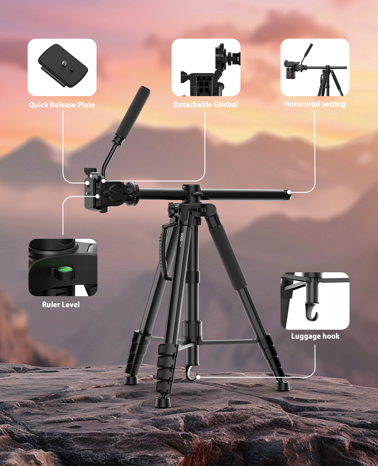 VRIG TP-34 Camera Tripod, 195cm, Video Camera Tripod, DSLR Tripod, Aluminum