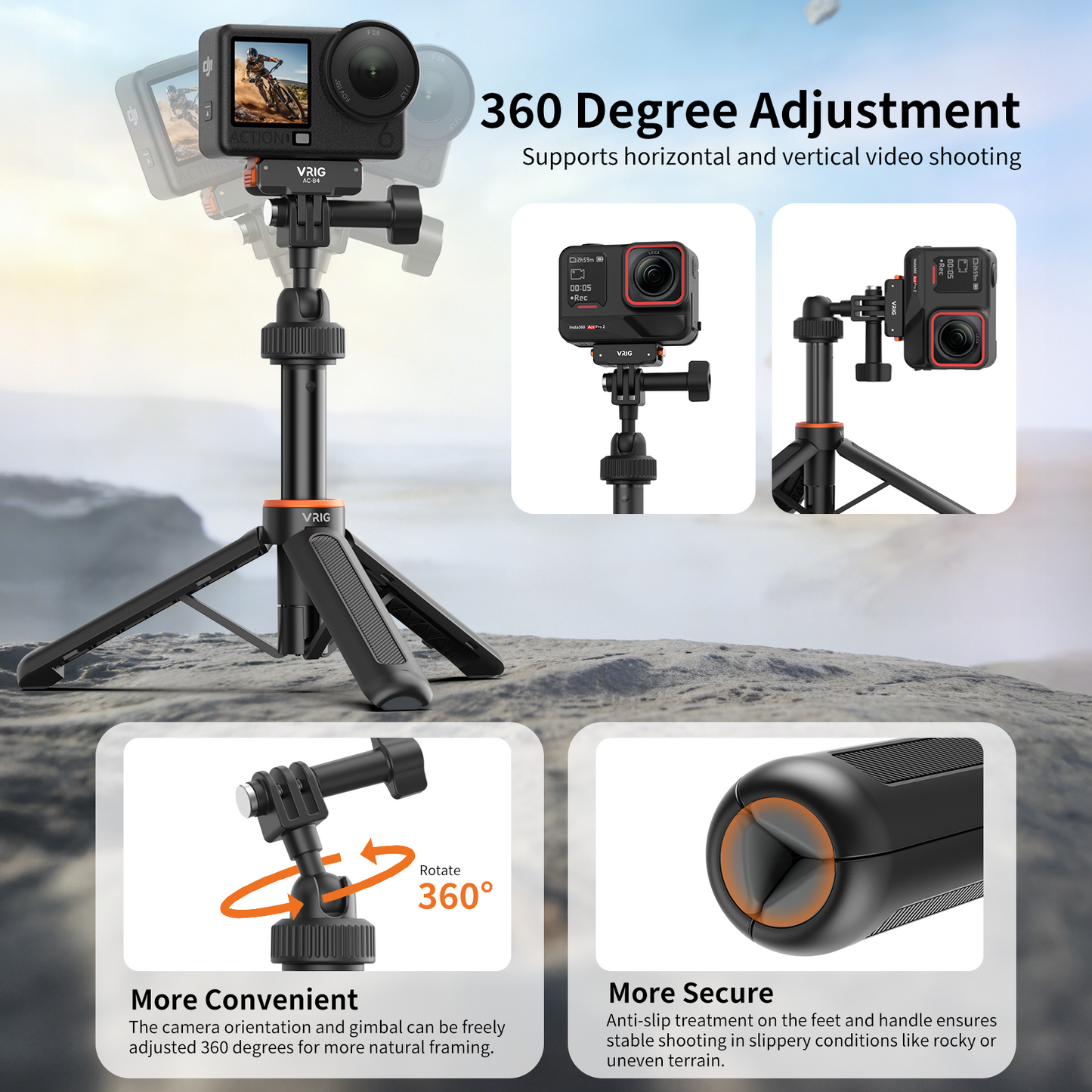 VRIG AC-80 40cm/15.7" Telescopic Selfie Stick Tripod for Action Camera