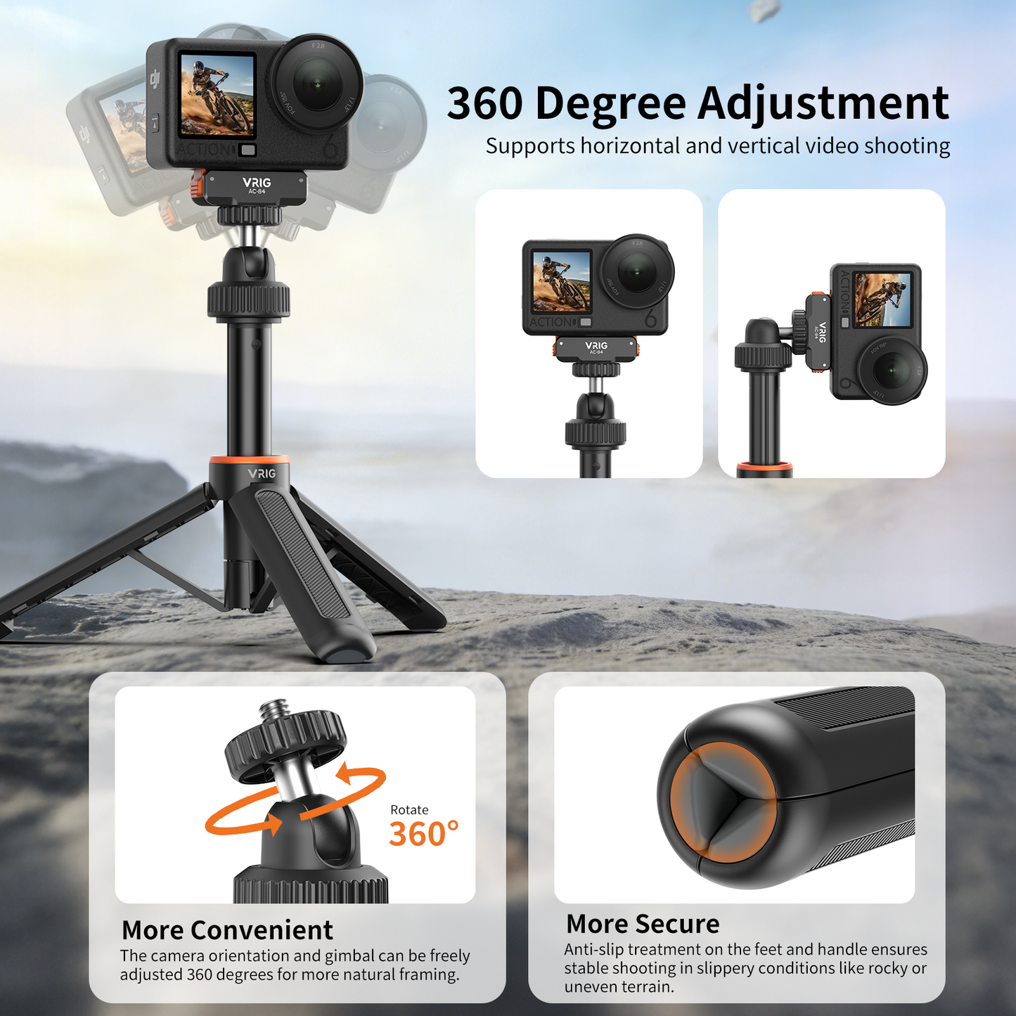 VRIG AC-87 40cm/15.7" Telescopic Selfie Stick Tripod for Action Camera