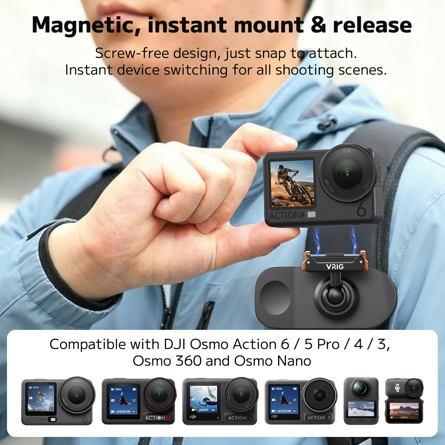 VRIG AC-99 Magnetic Backpack Mount for DJI Osmo Action 6/5/4/3,Osmo 360,Osmo Nano