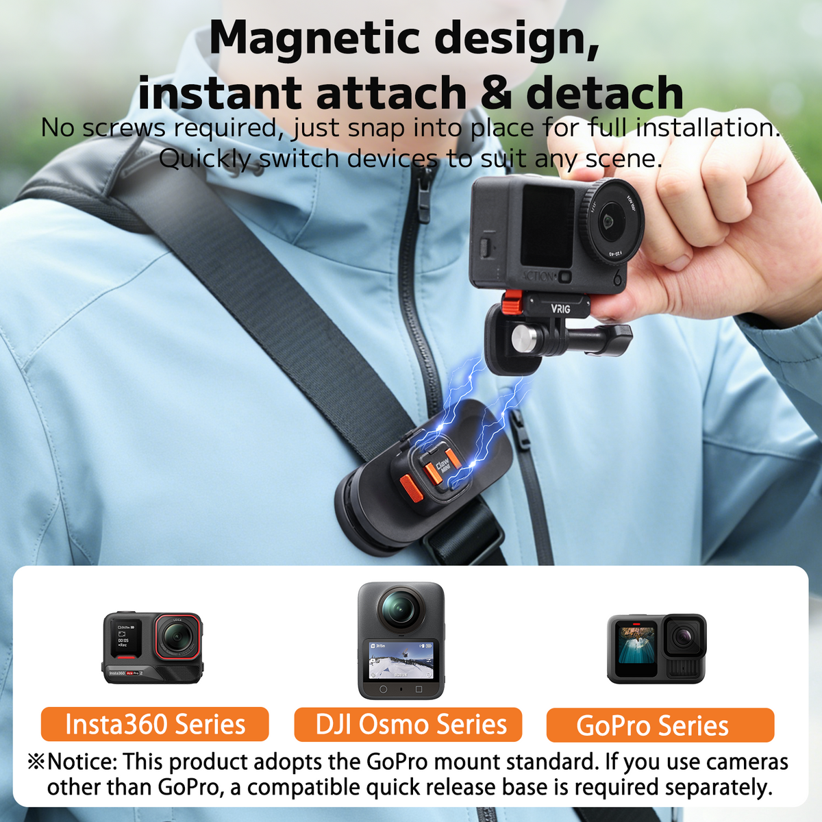 VRIG AC-97 Magnetic Backpack Mount for Action Camera, GoPro-Mount Backpack Clip