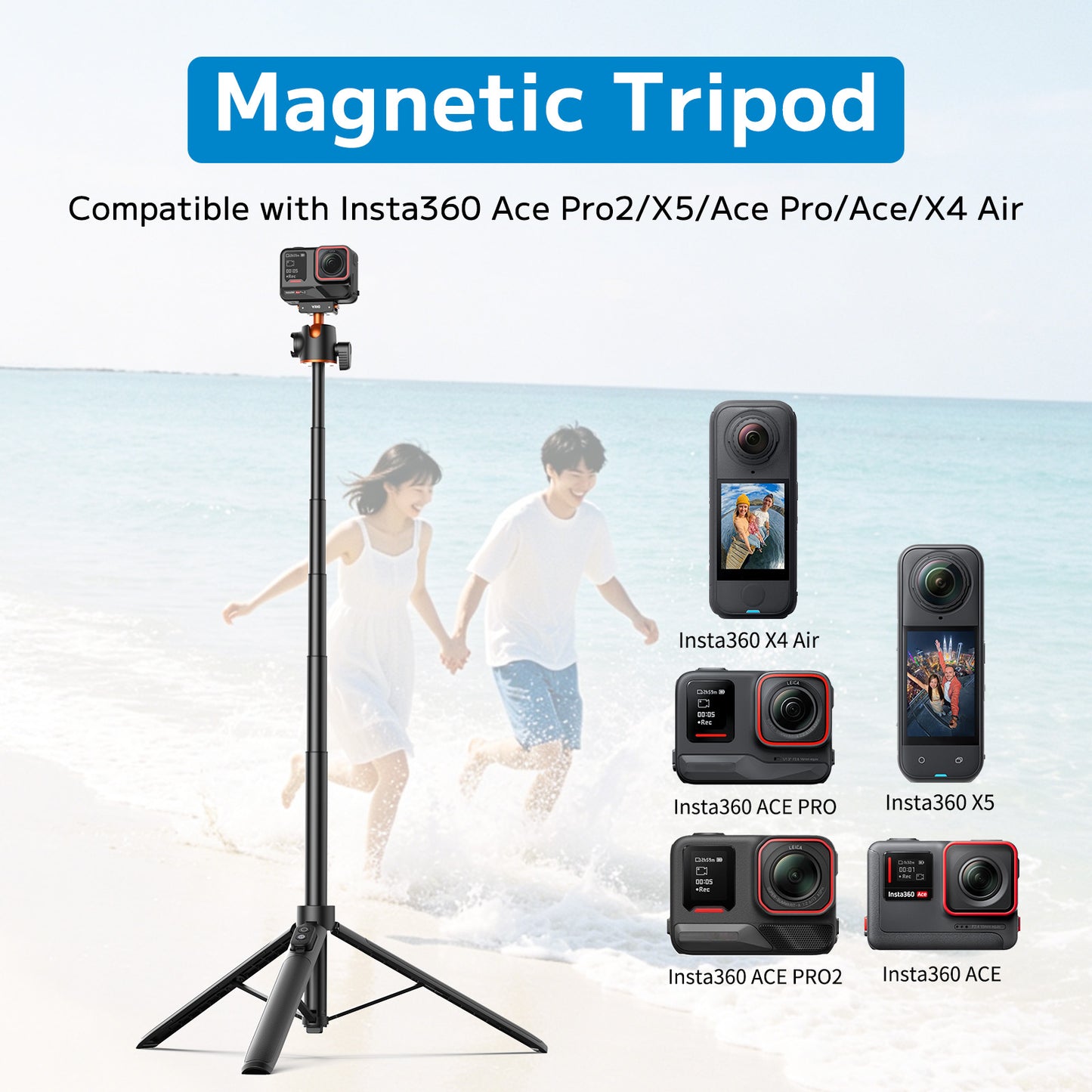 VRIG AC-104S 55" Magnetic Selfie Stick Tripod for Insta360 X5 ACE Pro 2 with Remote Controller,Extension Rod Quick Release Table Desk Portable Handle Grip Stand with Cold Shoe for Insta360 X5/X4 Air/ACE PRO
