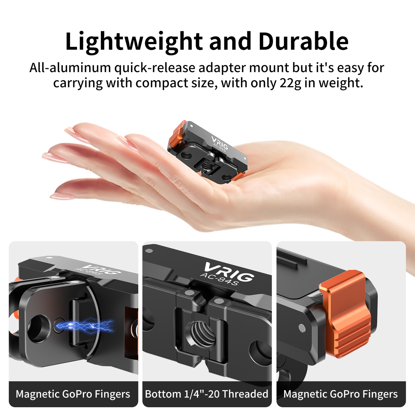VRIG AC-84S 360° Magnetic Quick Release Mount for DJI Osmo Action6,Action5,Action4,Osmo Nano,Osmo 360,Aluminum Base Bracket with 1/4" Screw & Foldable Dual-Claws for Chest Mount,Tripod, Selfie Stick