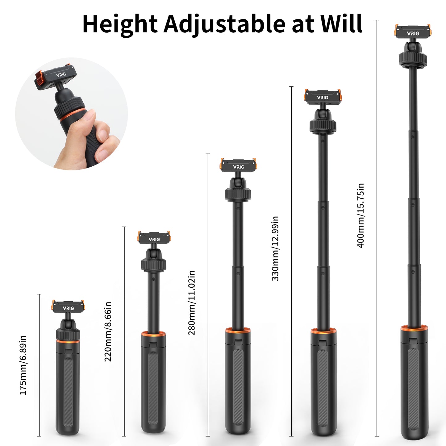 VRIG AC-79 40cm/15.7" Telescopic Selfie Stick Tripod for DJI Osmo Action 5 Pro/ 4/ Osmo 360