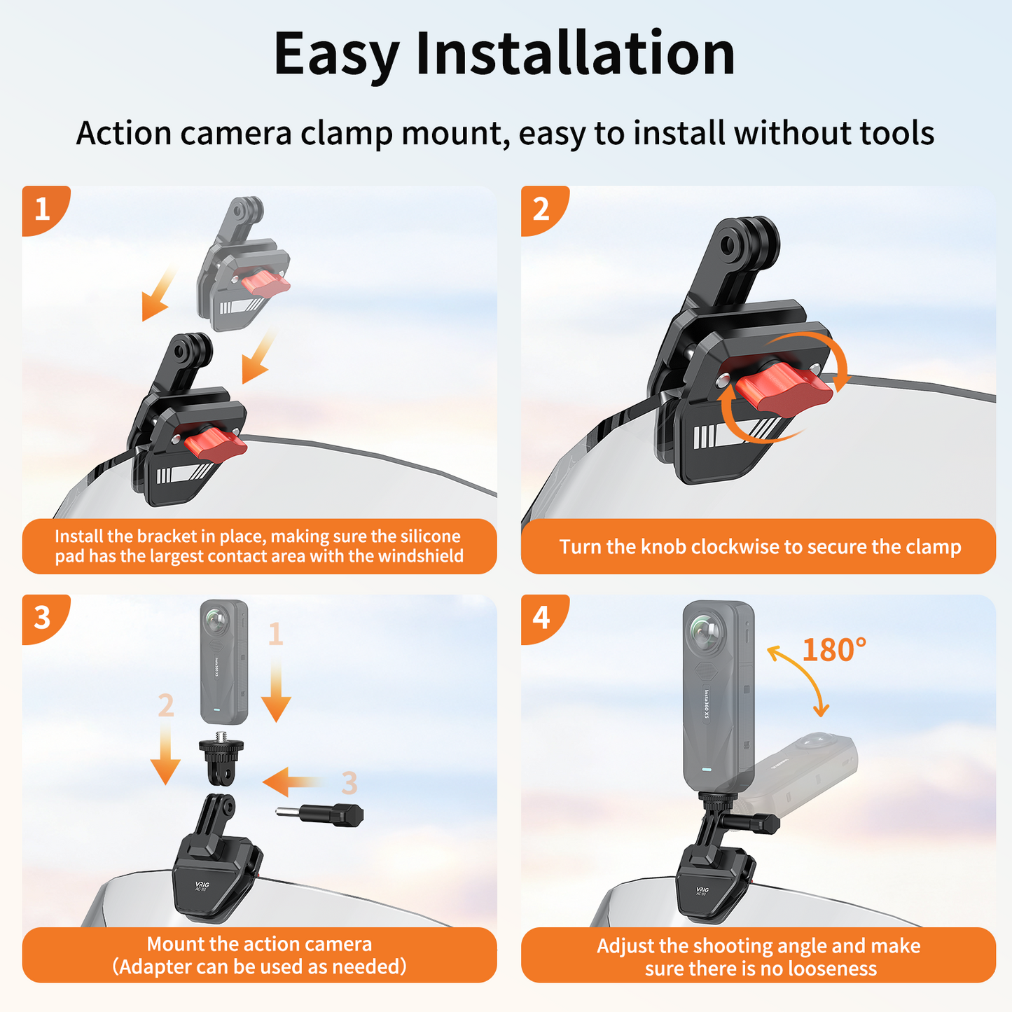VRIG AC-93 Motorcycle Windshield Clip Mount for Insta360 X6/X5 GoPro Hero 13/12