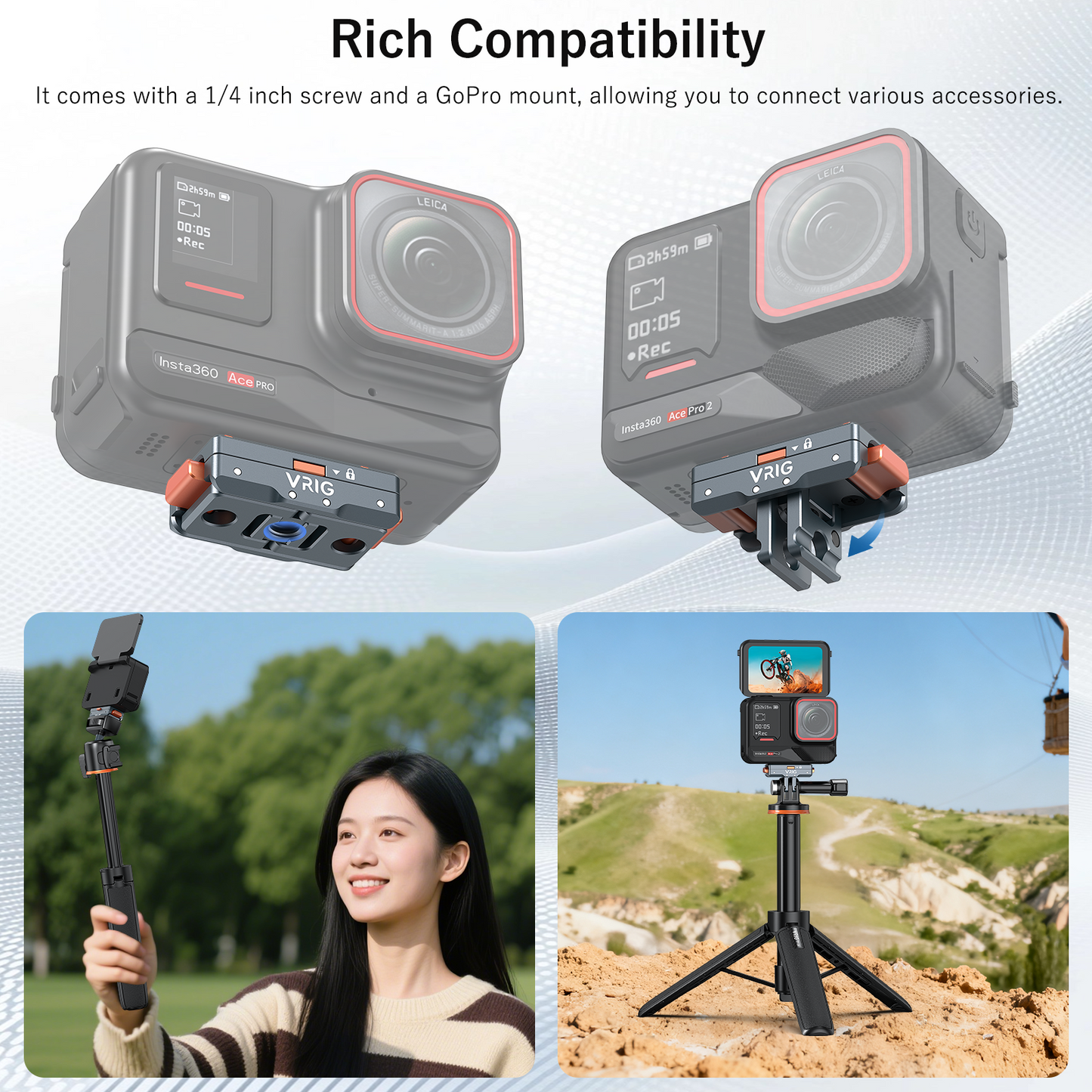 VRIG AC-64 Quick Release Mount 2.0, Safety Lock Mechanism Magnetic Base for Insta 360 X5/ X4 Air/Ace Pro 2/ Ace Pro/Ace