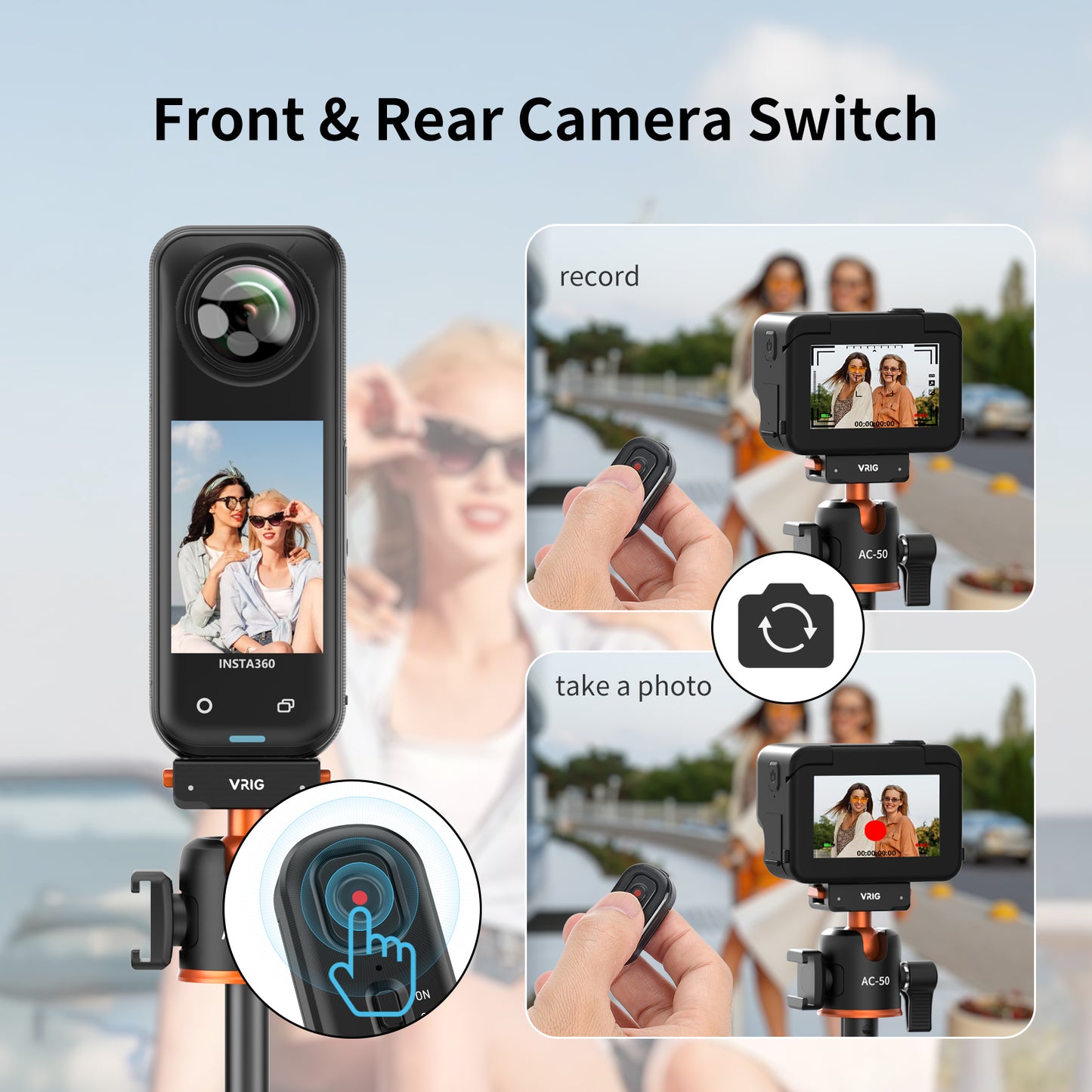 VRIG Bluetooth Remote Control Compatible with Insta 360 X5/X4/Ace Pro/Ace Pro 2/Go 3s, Action Camera Wireless Shutter Controller for Vlogging, Cycling