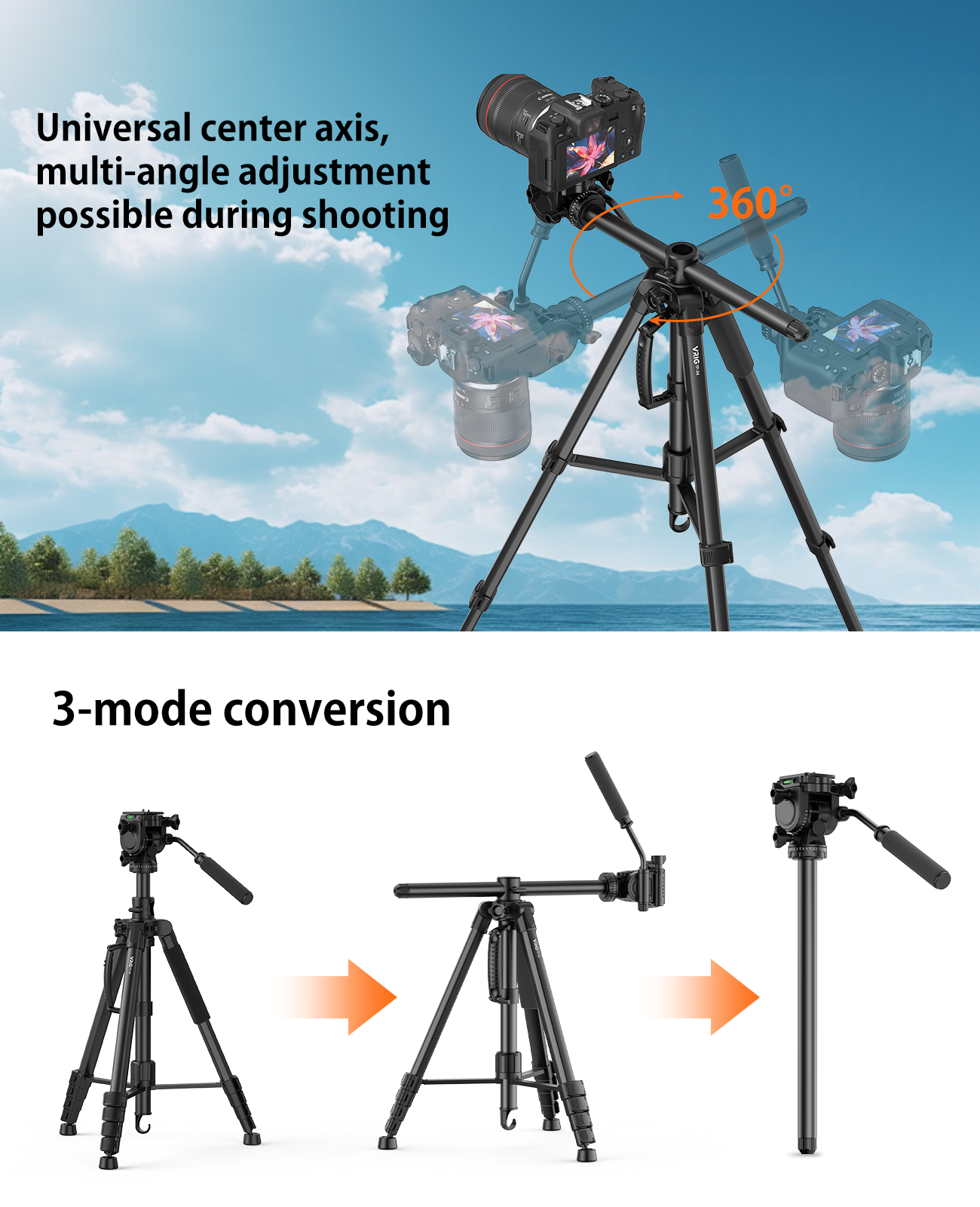 VRIG TP-34 Camera Tripod, 195cm, Video Camera Tripod, DSLR Tripod, Aluminum
