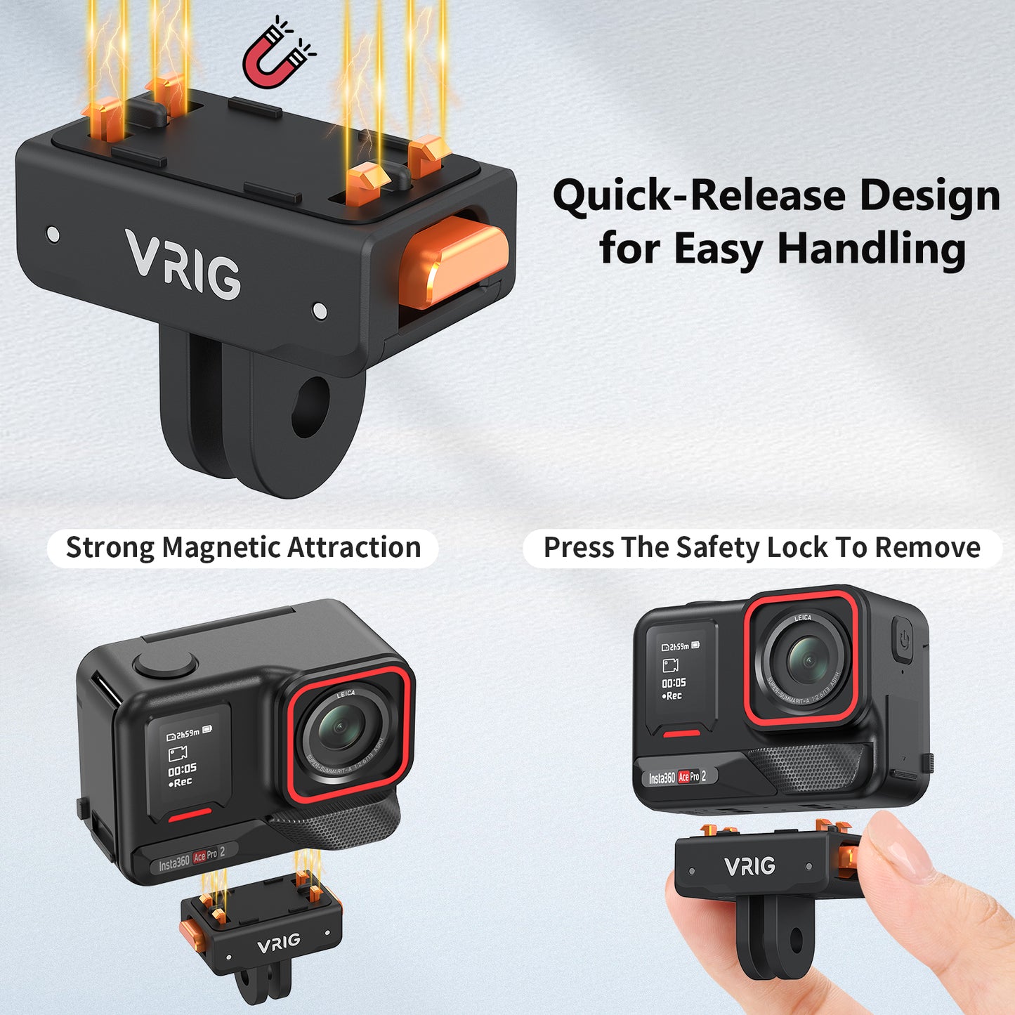 VRIG AC-41 Magnetic Quick Release Mount for Insta 360 ACE/ACE PRO/ACE PRO 2, Quick & Convenient, 2-Prong Mount and 1/4" Screw Plate Compatible X5/ X4 Air/ X4/ X3