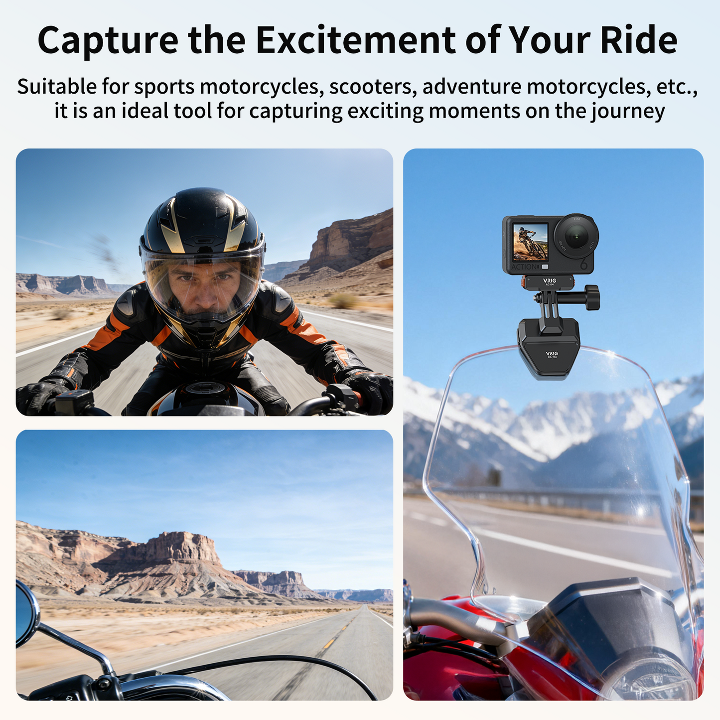 VRIG AC-93 Motorcycle Windshield Clip Mount for Insta360 X6/X5 GoPro Hero 13/12