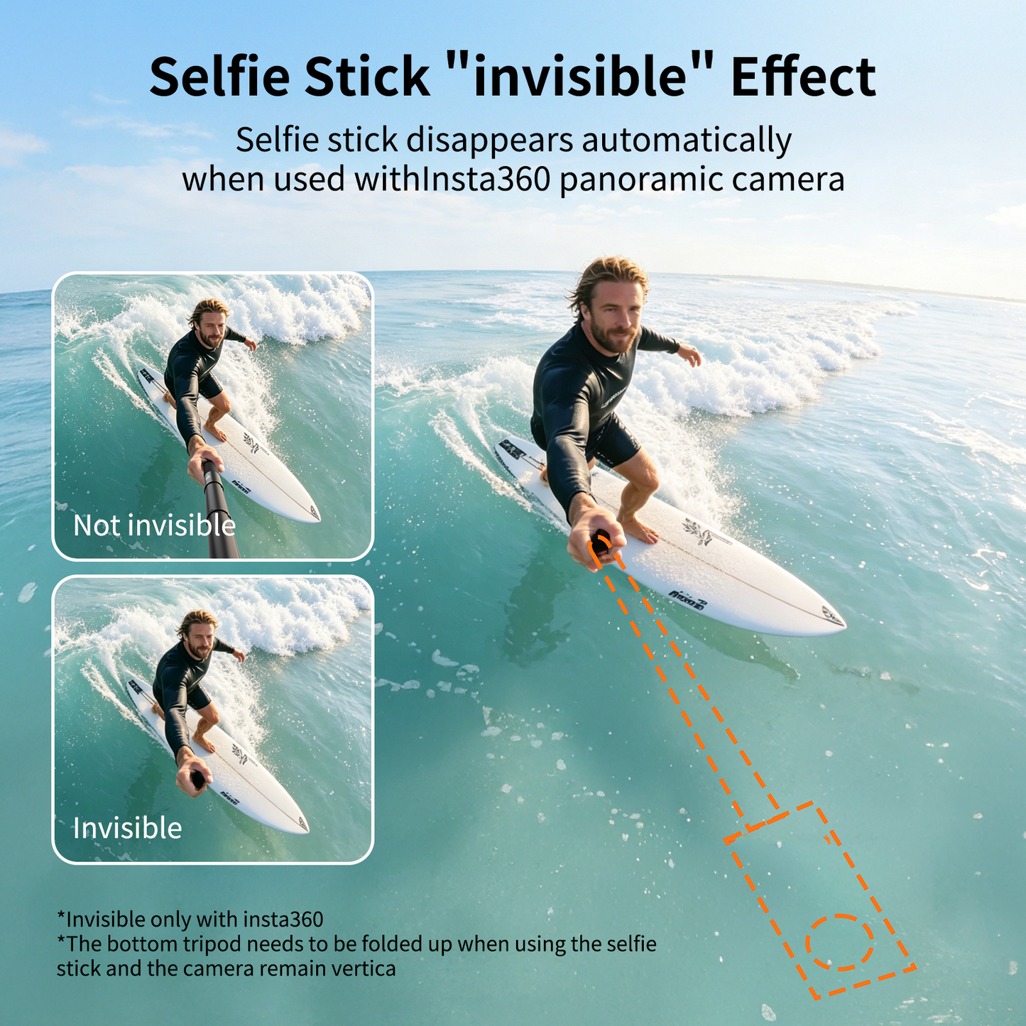 VRIG TP-36 160cm/63″ Invisible Selfie Stick for Insta360 X6/ X5/ X4 Air/ X4/ X3