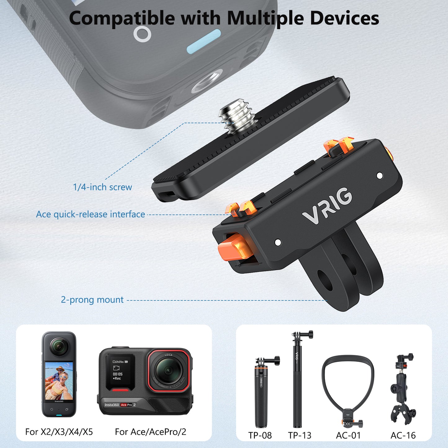 VRIG AC-41 Magnetic Quick Release Mount for Insta 360 ACE/ACE PRO/ACE PRO 2, Quick & Convenient, 2-Prong Mount and 1/4" Screw Plate Compatible X5/ X4 Air/ X4/ X3