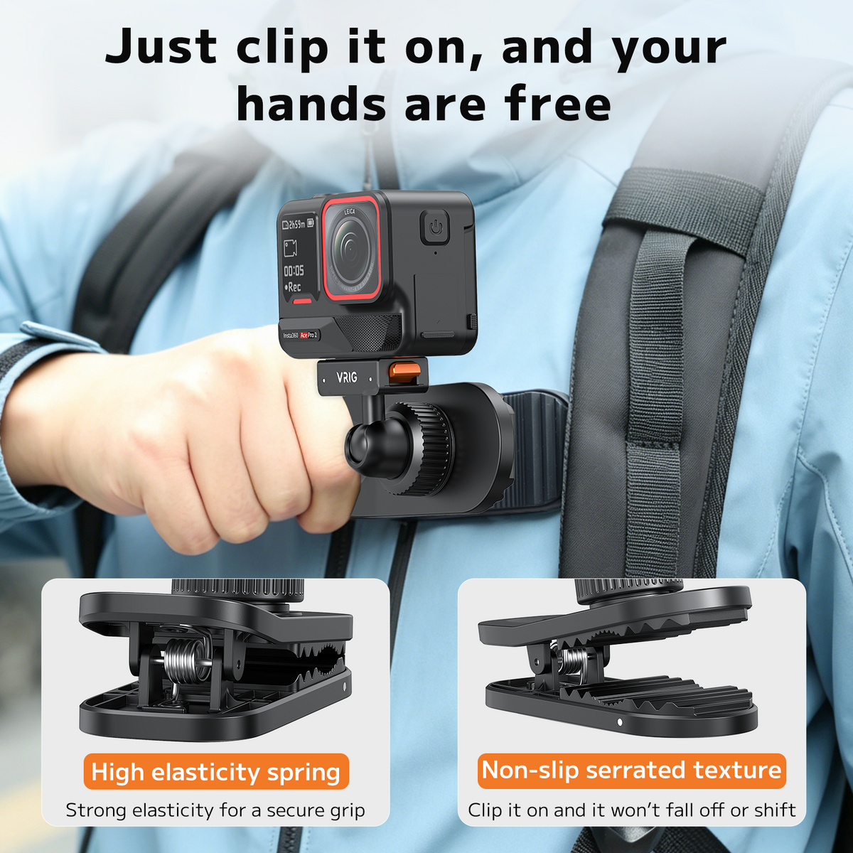 VRIG  AC-98 Magnetic Backpack Clip Mount for Insta360 X5 / X4 / Ace Pro 2,
