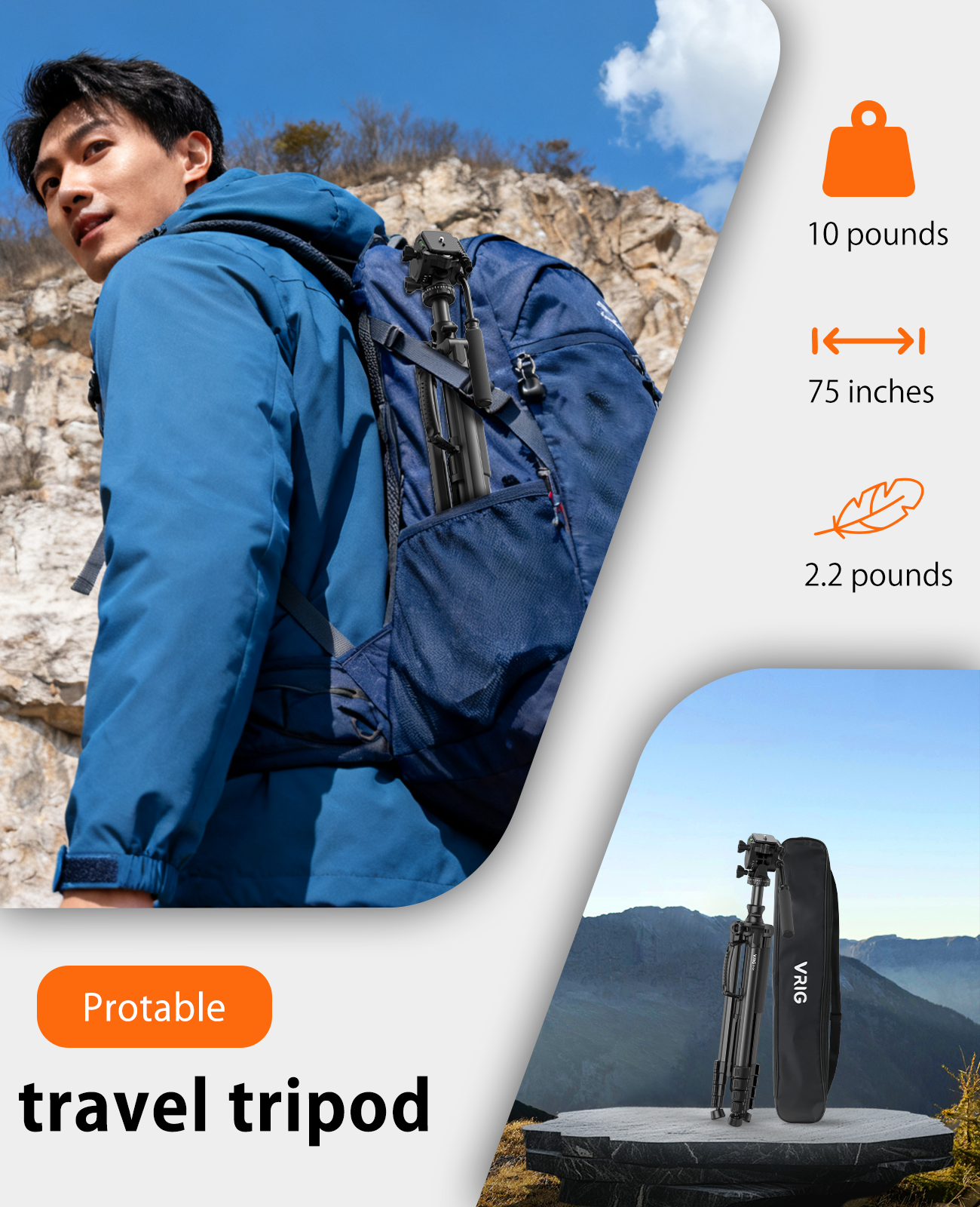 VRIG TP-34 Camera Tripod, 195cm, Video Camera Tripod, DSLR Tripod, Aluminum