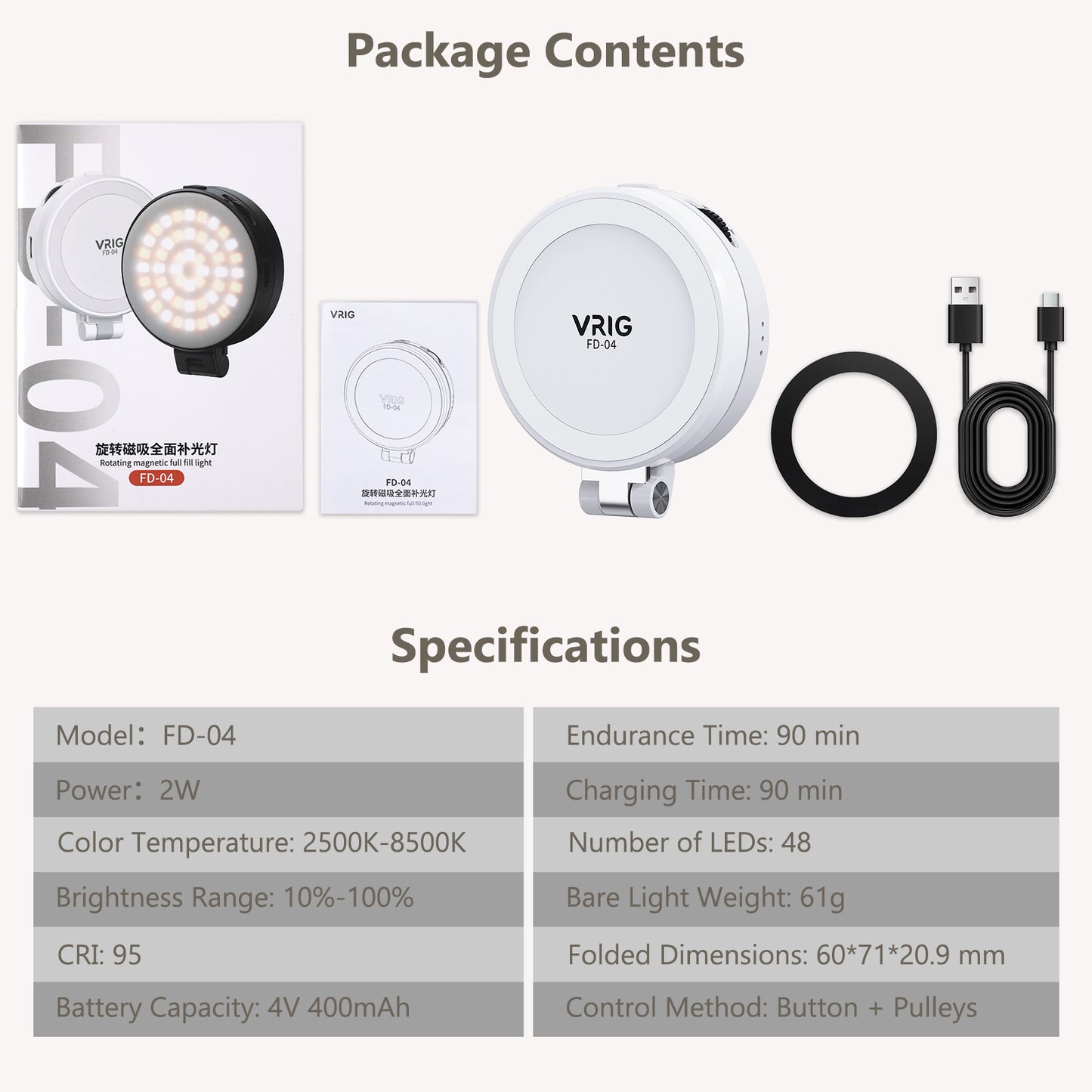 VRIG FD-04 Magnetic Selfie Light with Mirror for iPhone Magsafe (White)