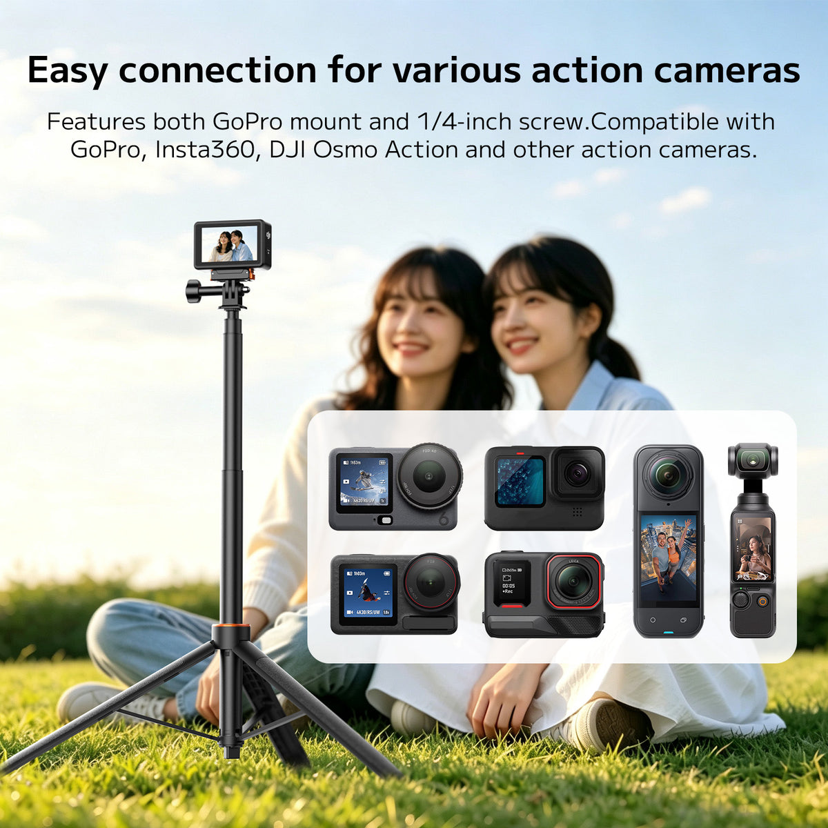 VRIG TP-21S 63inch Invisible Selfie Stick Tripod, Auto Pop Open Tripod, Compatible with Insta360 X6/X5/X4, DJI Osmo Action 6/5 Pro/4/3,GoPro Hero 13 Mission 1 Pro, Stable Throwpod for Travel Vlogging