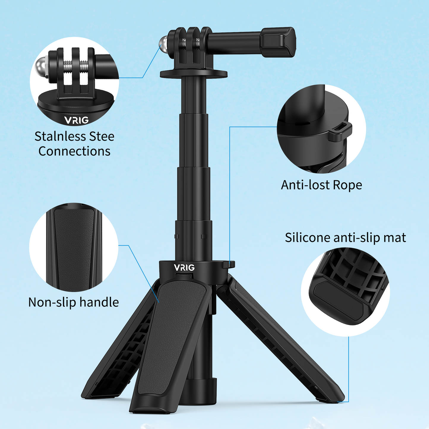 VRIG  TP-29  12" Mini Selfie Stick Tripod Handle Grip with Lanyard