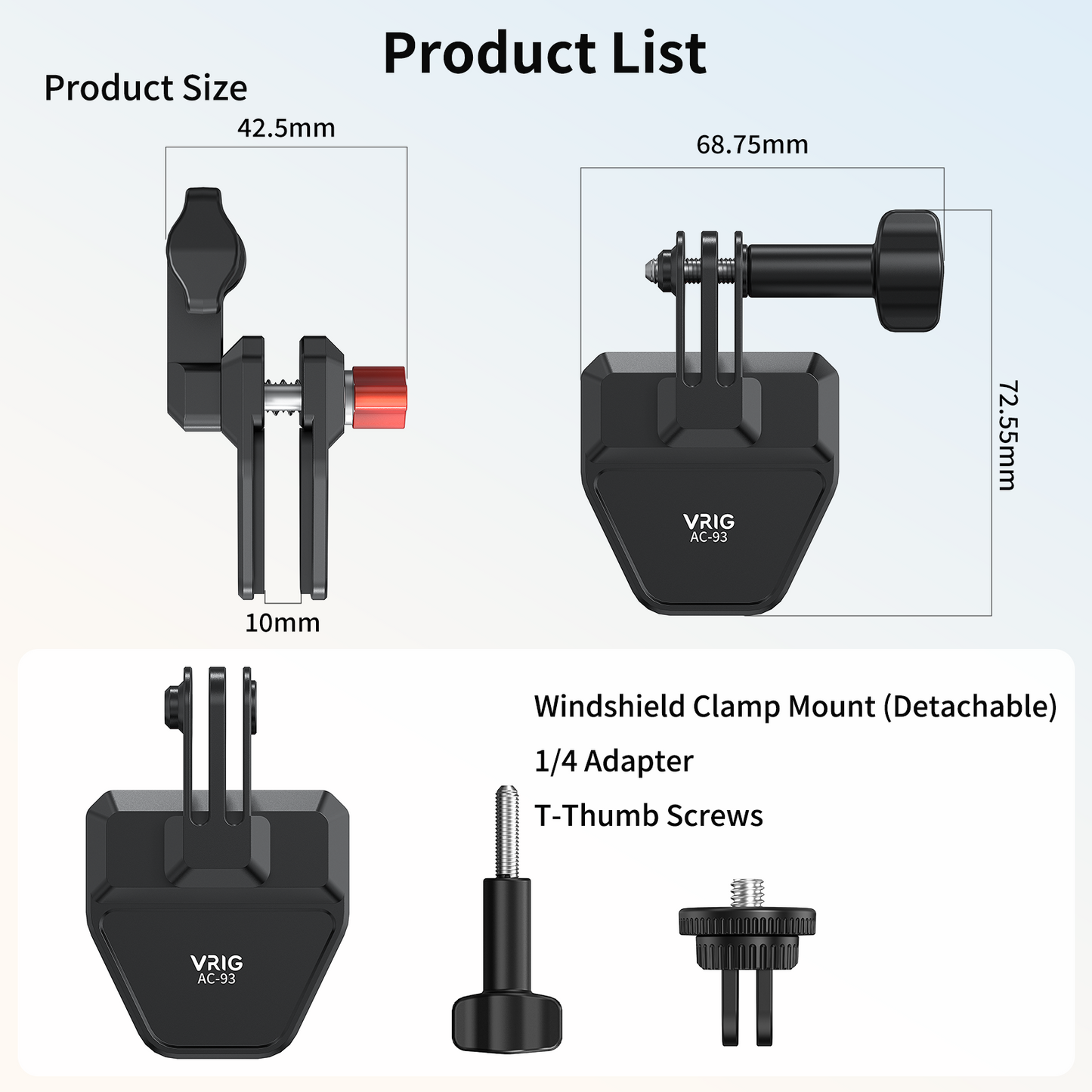 VRIG AC-93 Motorcycle Windshield Clip Mount for Insta360 X6/X5 GoPro Hero 13/12