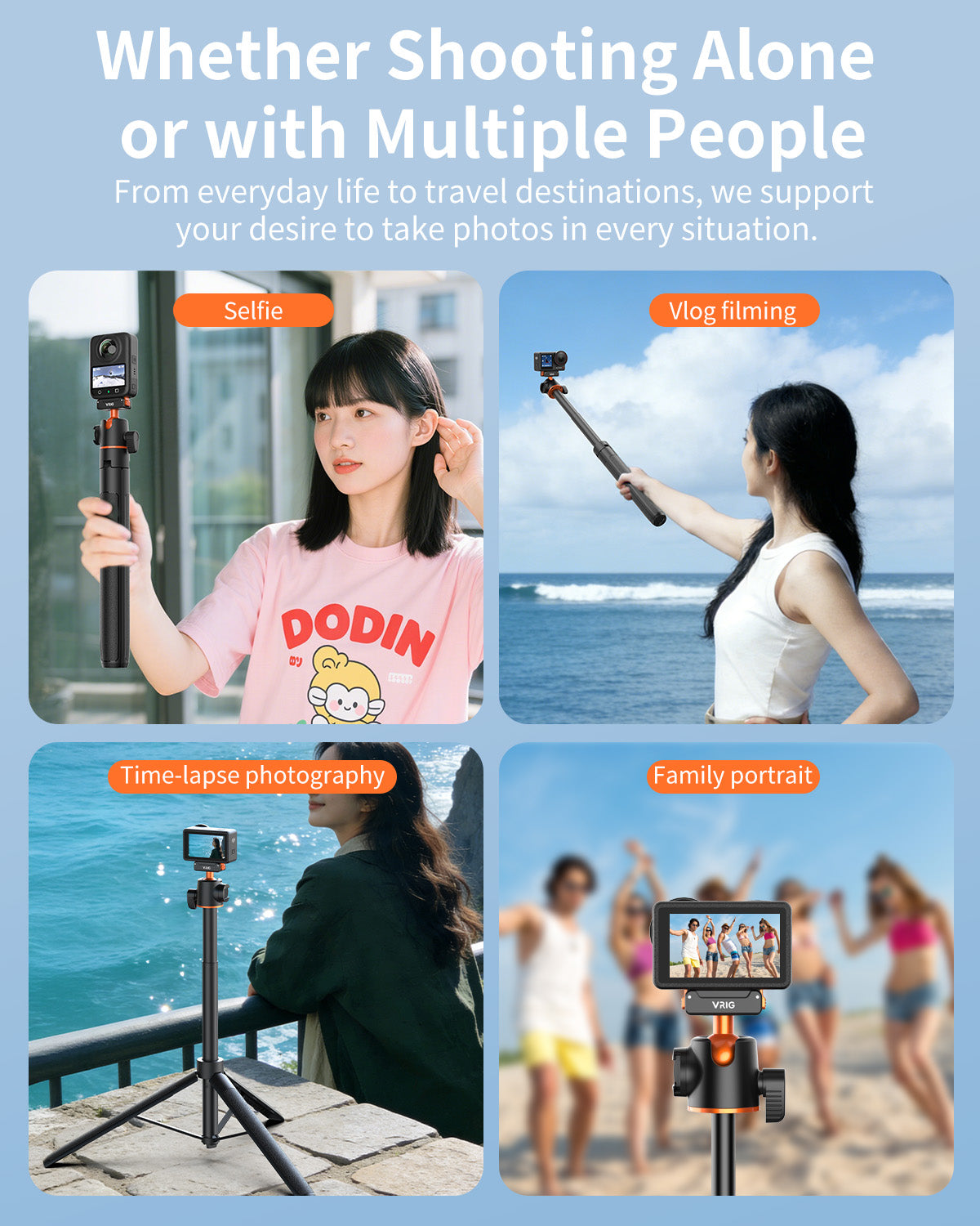 VRIG 55" AC-04S Action Camera Selfie Stick Tripod for DJI Osmo Action 5 Pro/ 4/ 3