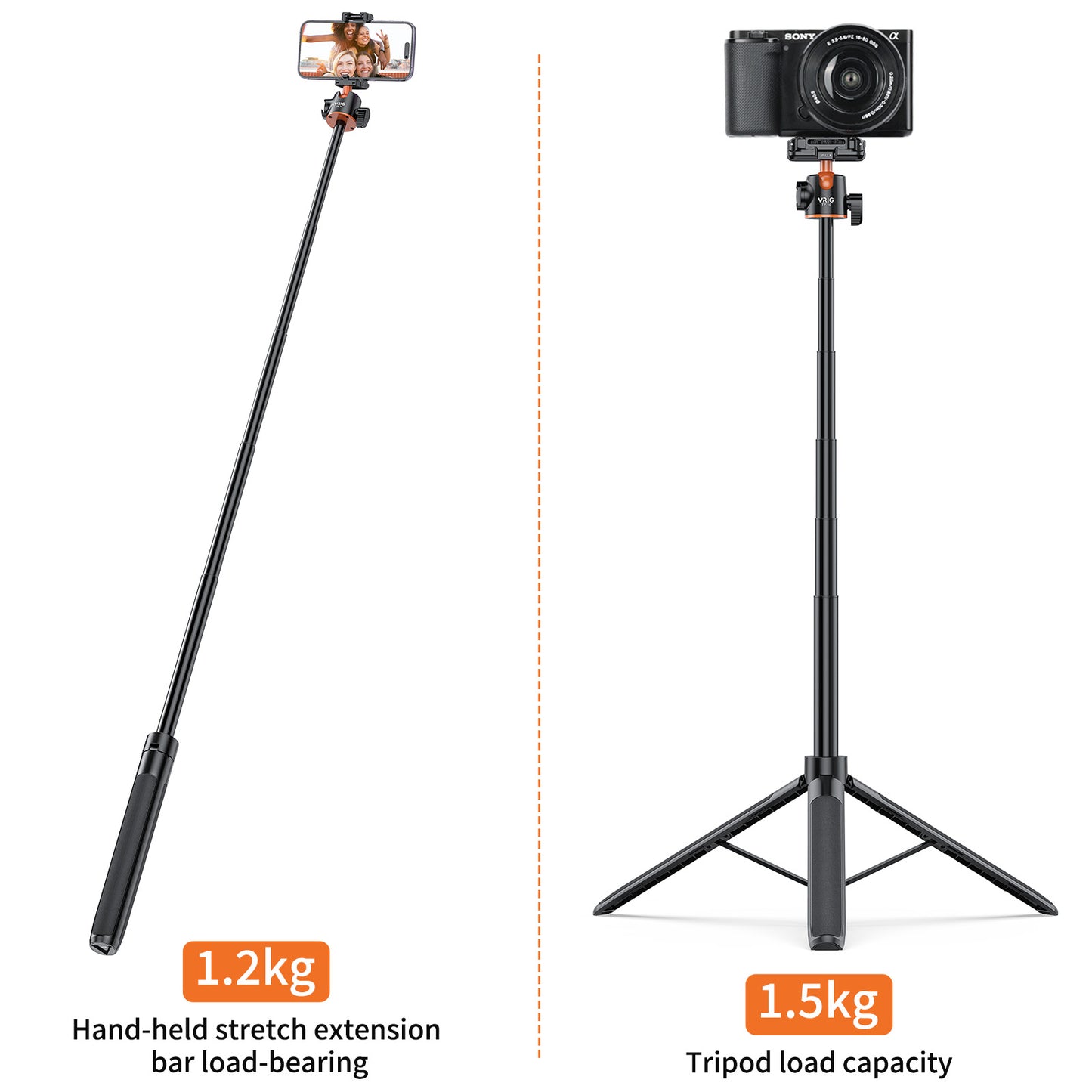 VRIG TP-16  55" Selfie Stick Tripod with Hidden Phone Holder