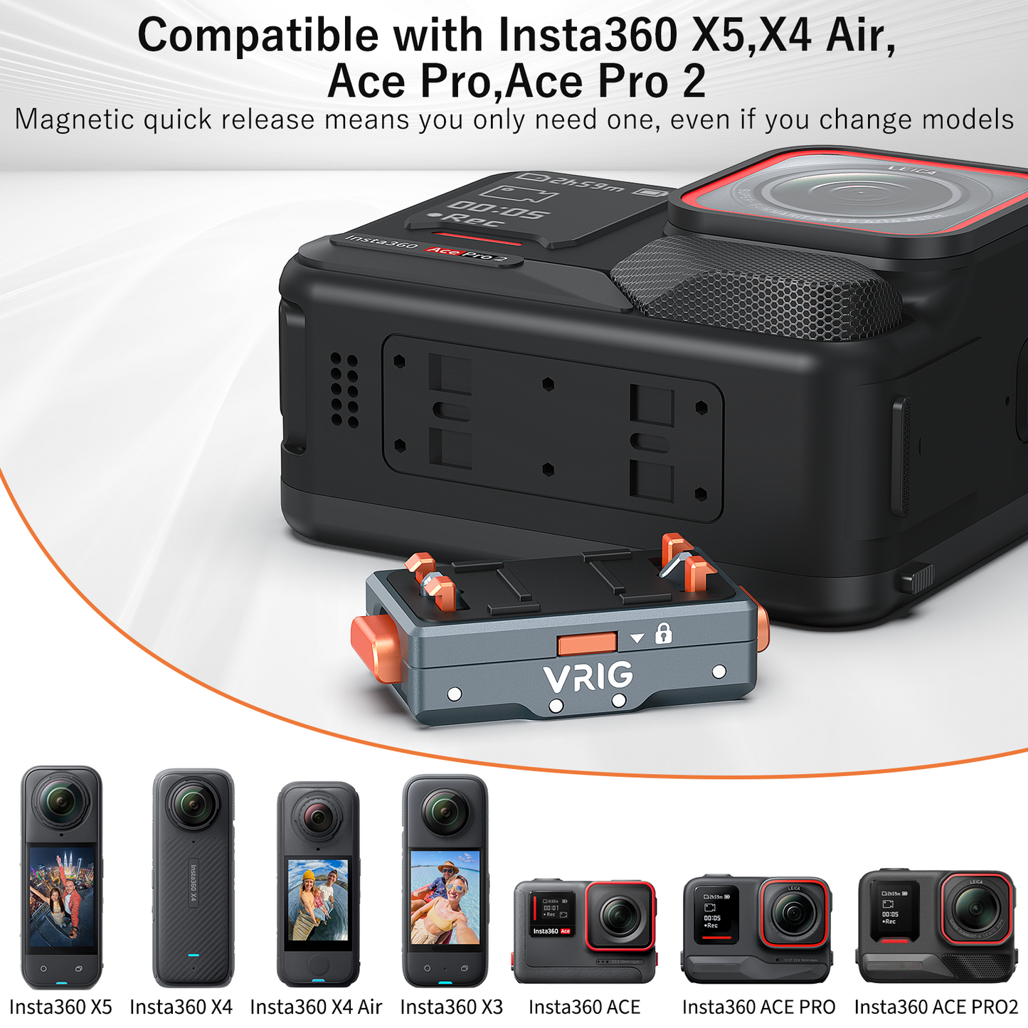 VRIG AC-64 Quick Release Mount 2.0, Safety Lock Mechanism Magnetic Base for Insta 360 X5/ X4 Air/Ace Pro 2/ Ace Pro/Ace