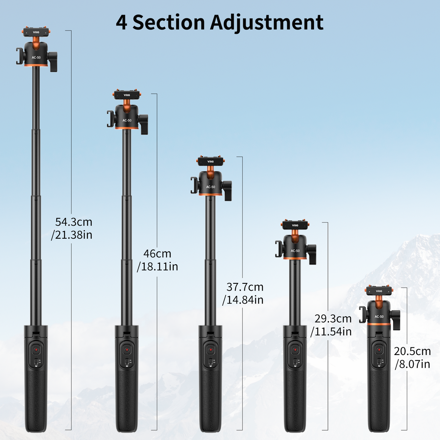 VRIG AC-50 Selfie Stick Tripod for Insta 360 Ace Pro/Ace Pro 2/X5 with Magnetic Quick Release Adapter