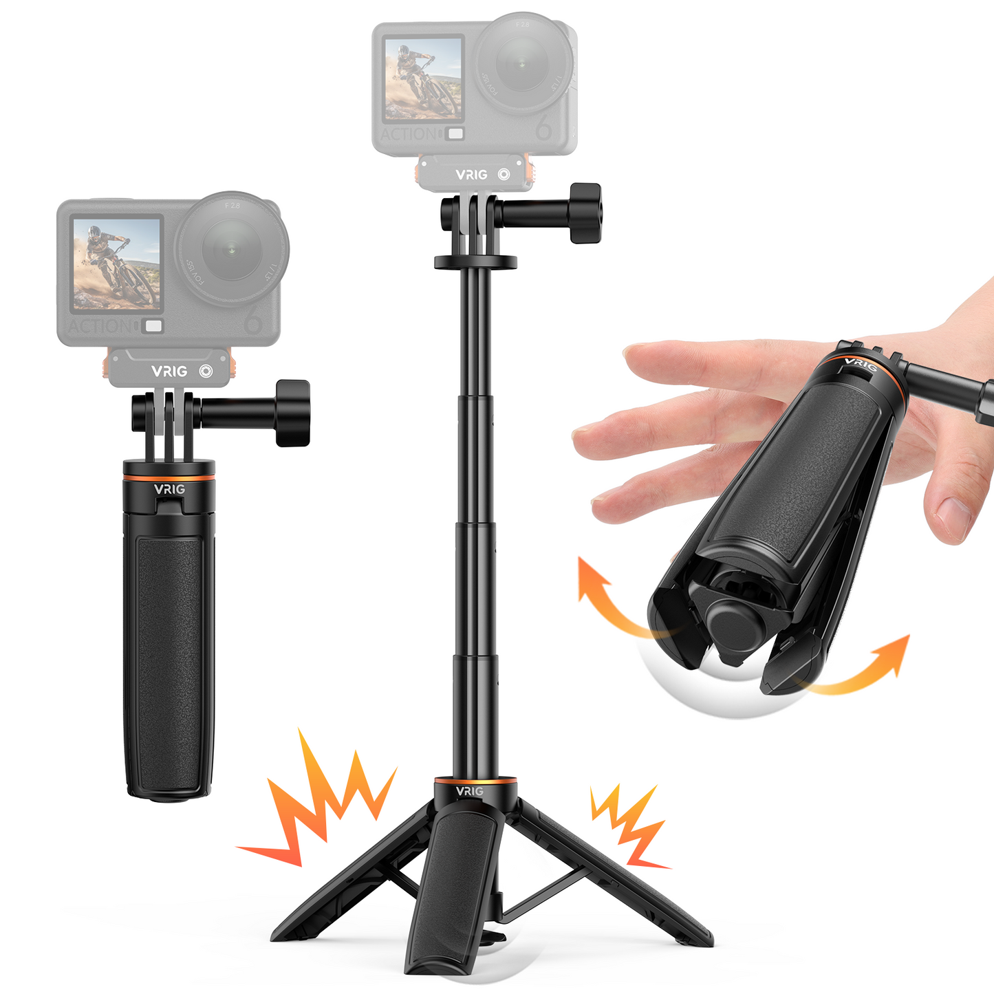 VRIG TP-35 Auto Pop Open Extendable Mini Camera Tripod,Portable Small Handle Grip Desktop Webcam Selfie Stick Tripod for DJI Osmo Action 6/5Pro/4/3,GoPro Hero 13 12 11 10 Max,Mission 1 PRO