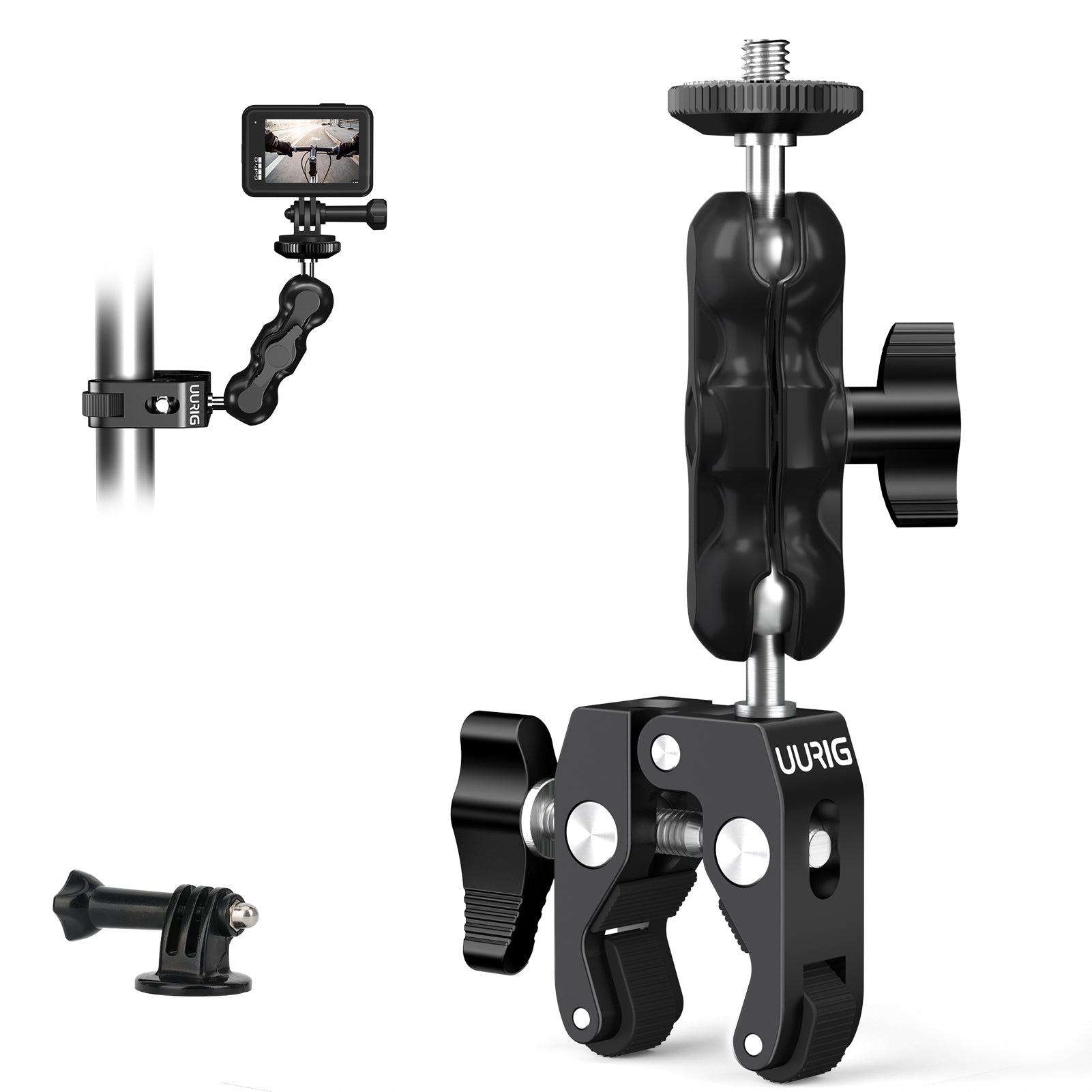 Universal Camera Tripod Mount Clamp With 360° Ballhead – 1/4" & 3/8" Thread, Aluminum