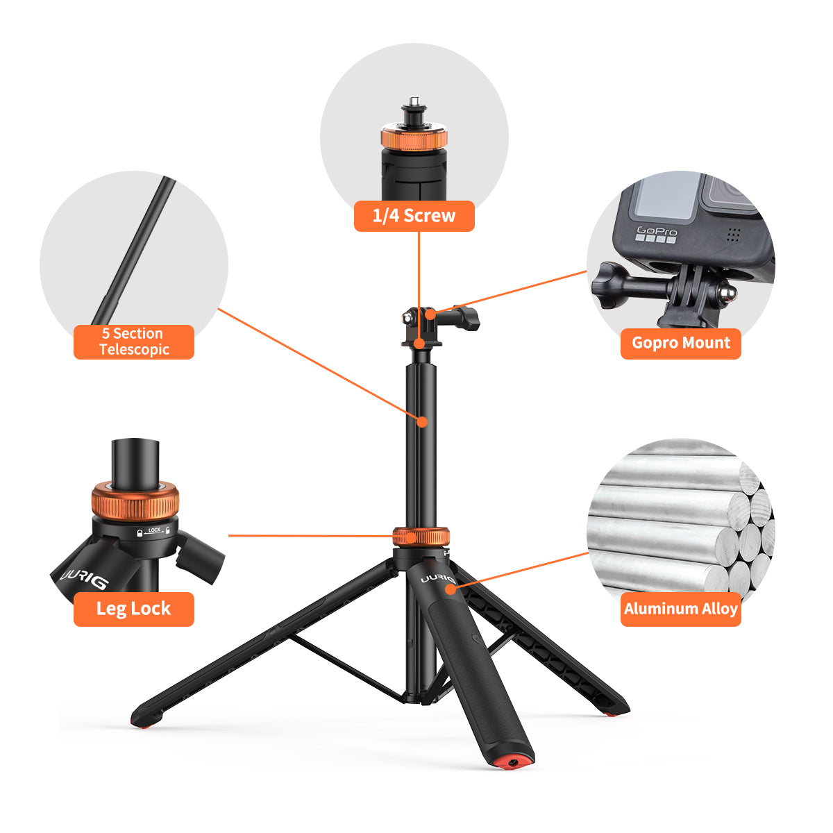 UURig TP-03 50 inch 130cm Extendable Tripod for action camera