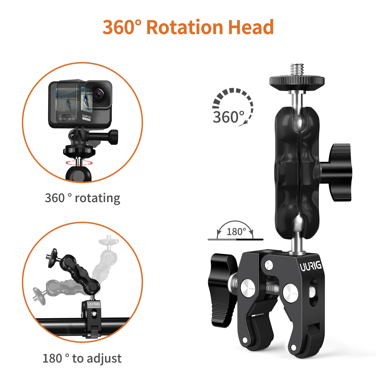 UURIG 360° Ballhead Magic Arm Double Ball Head Adapter Camera Clamp