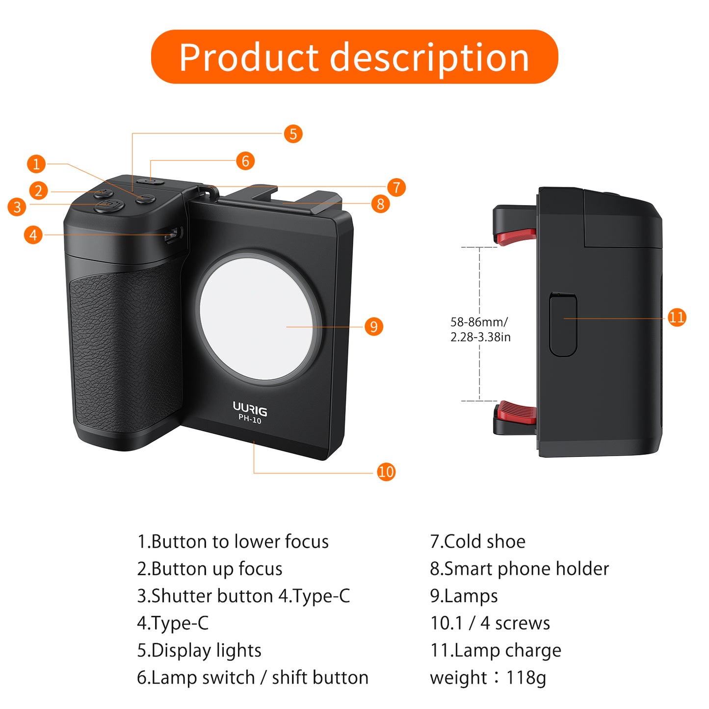 UURIG PH-10 Smartphone Camera Shutter Remote Handle Grip with LED light